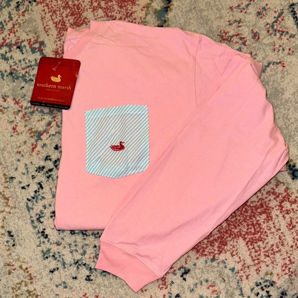 NWT Southern Marsh Pink Shirt with Seersucker Striped Pocket